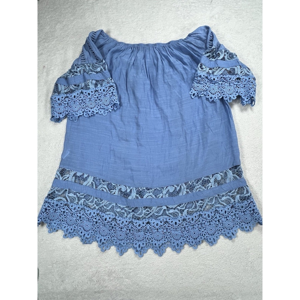 Lynn Ryan Boho Lace Top Large Blue Off Shoulder Crochet Trim Peasant Festival - Picture 6 of 8